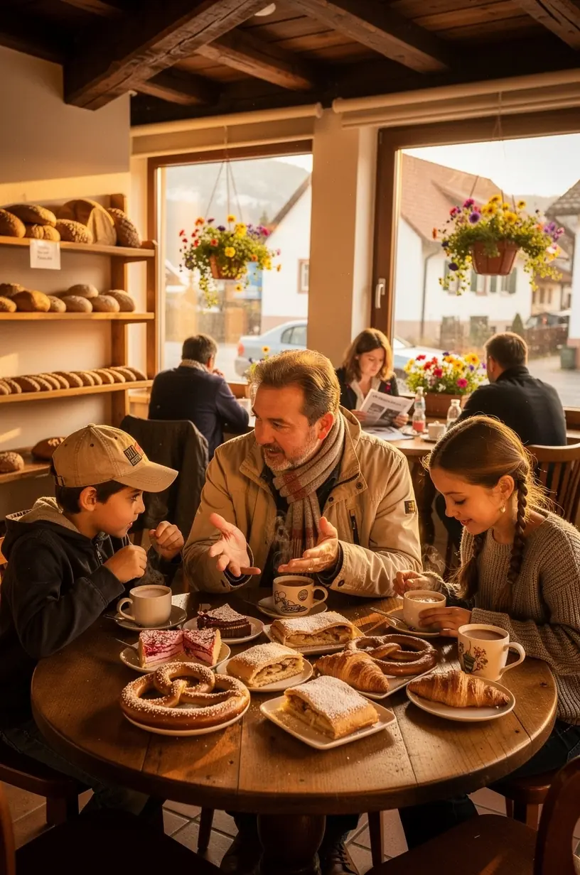 Eltern erklären ihren Kindern auf einer entspannten Stadttour die Sehenswürdigkeiten einer historischen deutschen Stadt ohne Stress und Hektik.