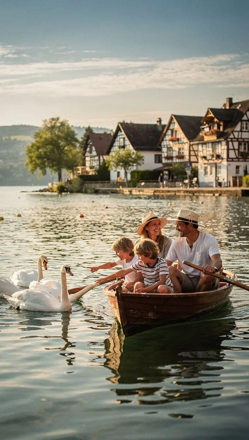 Kinder spielen fröhlich auf einem sicheren Spielplatz in einer malerischen Kleinstadt in Deutschland.
